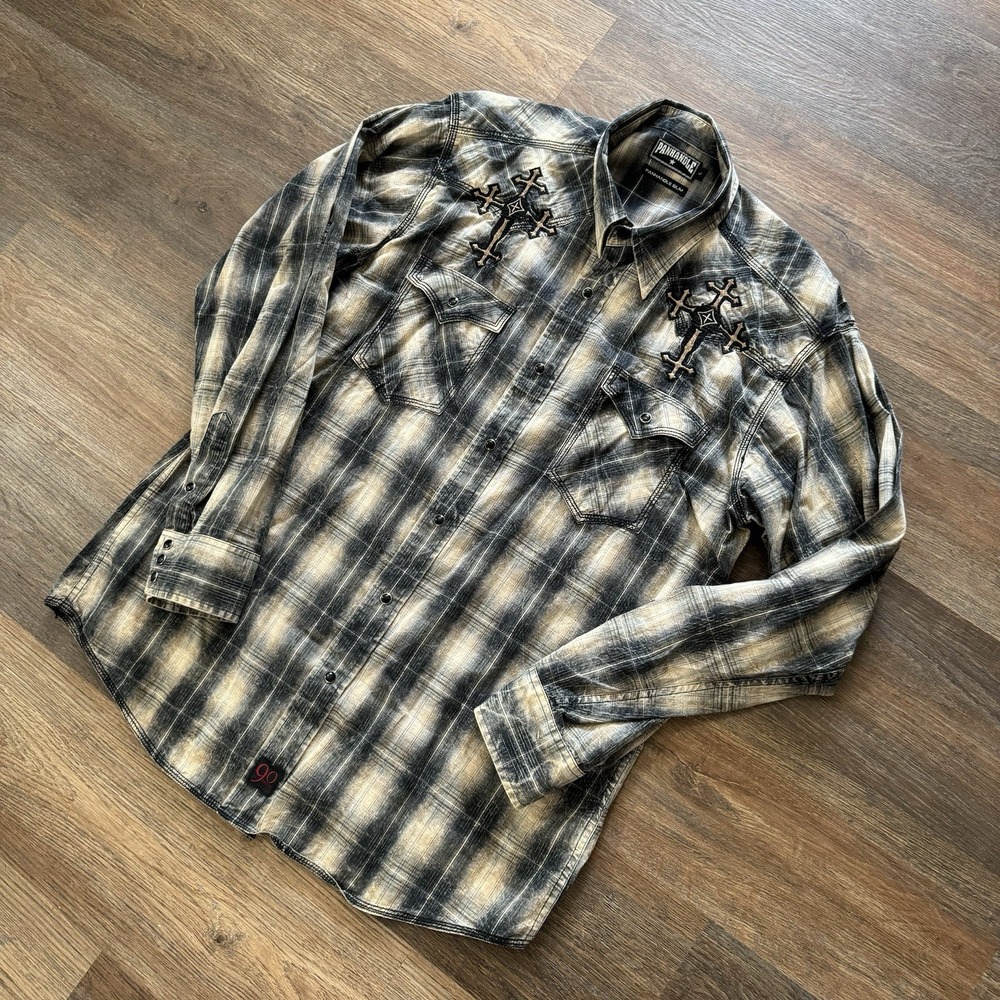 Panhandle Slim Y2K Western Cowboy Pearl‎ Snap Shirt Sz L Fade Plaid 90 Proof - Picture 2 of 9